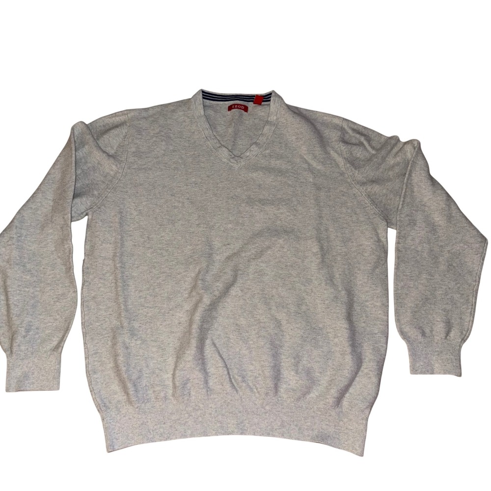 IZOD Vintage Mens V Neck Sweater‎ Light Gray Knit Long Sleeve L Cotton Preppy